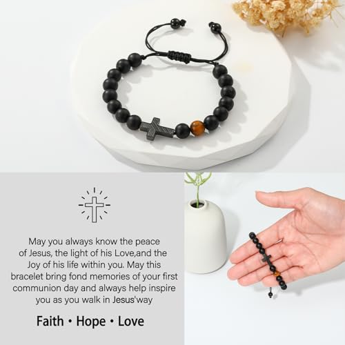 Image of P. BLAKE Cross Bracelet for Boys Men, American Flag Cross Natural Beads Bracelet Christian Religious Birthday Jewelry Gifts for Teen Boys