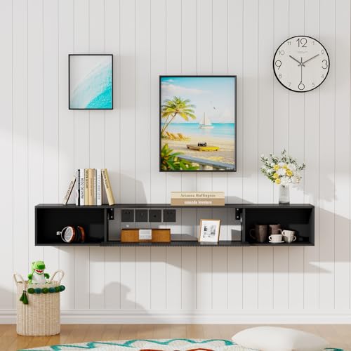 Katrawu 55" Floating TV Stand with LED Light, Floating TV Stand Wall Mounted, Floating Entertainment Center with Storage Long for Bedroom, Wood Floating TV Shelf for Living Room (Black)