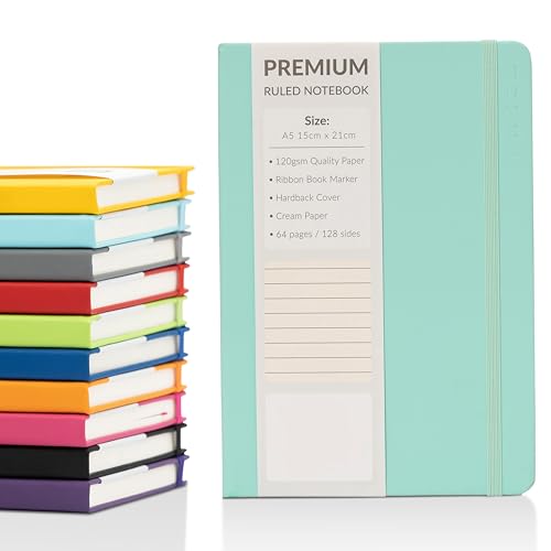 A5 Notebook Ruled Lined Journal with Faux Leather Hardback Cover and Premium 120gsm Thick Paper (128 Cream Pages, Duck Egg Blue)