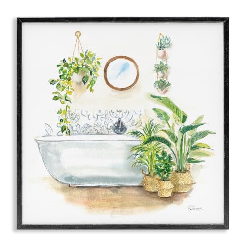 Stupell Industries Serene Bathroom Interior with Greenery Plants Painting, Designed by Sue Schlabach Wall Art, 12x12, Black Framed