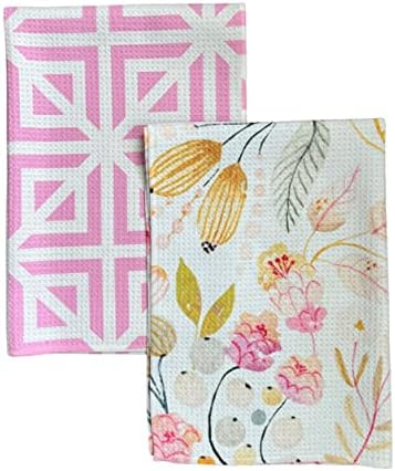Desert Aqua 2 Pack || Not Your Ordinary Kitchen Towels || Dish Towels || Tea Towels || Waffle Weave Microfiber || Designer Prints || Highly Absorbent || Hanging Hook (Pink Geometric)