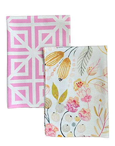 Desert Aqua 2 Pack || Not Your Ordinary Kitchen Towels || Dish Towels || Tea Towels || Waffle Weave Microfiber || Designer Prints || Highly Absorbent || Hanging Hook (Pink Geometric) #TOP9