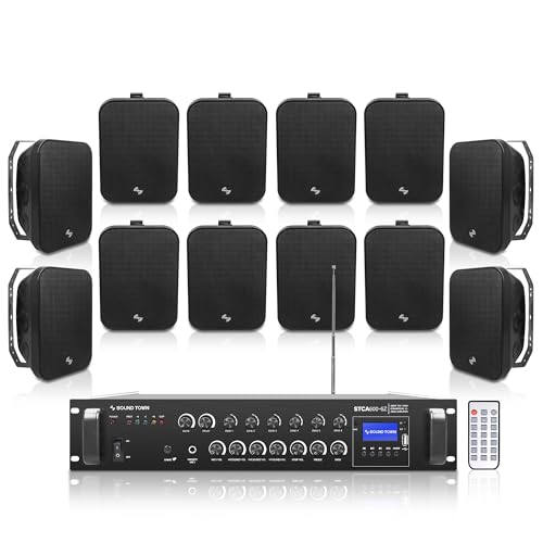 Sound Town Commercial Restaurant Bluetooth Amplifier + Surface-Mount Speaker Set, with One 6-Zone 70V/100V Amplifier with Bluetooth, 12 x 6.5-Inch Surface-Mount Speakers, Black (STCA600X12MS6B)