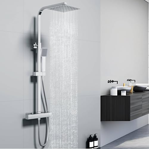 HAPAOSO Colonne de douche thermostatique, douche pluie réglable en hauteur, colonne de douche haute pression, ensemble de douche carré avec mitigeur chrome