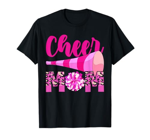 Cheer Mom Hot Pink Black Leopard Letters Cheer Pom Poms T-Shirt