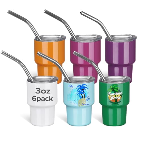 FASTSUB Mini Tumbler Shot Glass with Straw with Lid Stainless Steel 3 OZ Sublimation Shot Glasses for Whiskey Wine for Wedding Party for Oven Heat Press Colored 6 Pack