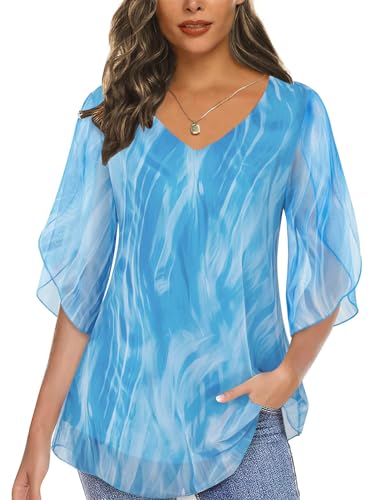 Syphiby Womens Tops Dressy Casual Chiffon Work Blouses Ruffle 3/4 Sleeve V Neck Long Shirts for Leggings Wedding Cocktail Party Beach Flowy Petite Tops Blue-XL