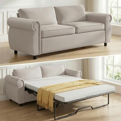 Mjkone canapé-lit extractible 2-en-1 beige mousse mémoire