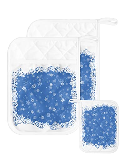 2 Pack Pocket Pot Holders, Christmas Snowflake Hot Pads For Kitchen Heat Insulation Potholders, Xmas Winter Snowflake Blue Pot Holder Oven Mitts Hot Pad Trivet For Baking Cooking 9"X7" #TOP10