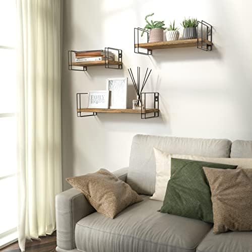 J JACKCUBE DESIGN Rustic Wood Floating Shelves, Set of 3 Wall Mounted Hanging Shelves with Black Wire Frames for Bedroom. Living Room, Kitchen, Bathroom and Office - MK696A