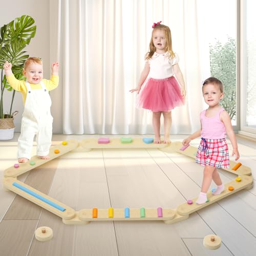 XJD 6 Set Holz Kleinkinder Schwebebalken mit Bunte Balanciersteine frei kombinierbar, Balanciersteine für Kinder, Kinder Balance Board ab 3-7 Jahren, Garten Spielzeug für Koordination und Stabilität