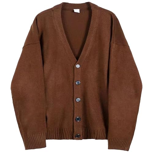 Men's Button Down V Neck Baggy Sweater Knit Solid Open Front Fall Winter Sweater Warm Comfort Stylish Sweaters (Brown,Medium)