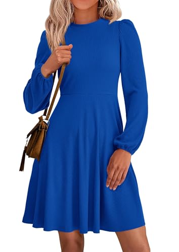 Image of PRETTYGARDEN Womens A Line Long Sleeve Mini Dress | Soft Stretchy Ribbed Knit, Crew Neck High Waist, Flowy Babydoll Dresses with Pockets, Fall Fashion Party Going Out Wear