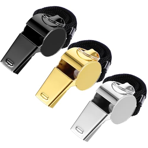 Image of Macuezu 3 PCS Metal Whistle, Stainless Steel Whistles for Teachers, Referee Whistle with Lanyard, Loud Sound Whistles Sports for Soccer, Basketball, Game, Emergency, 3 Colors