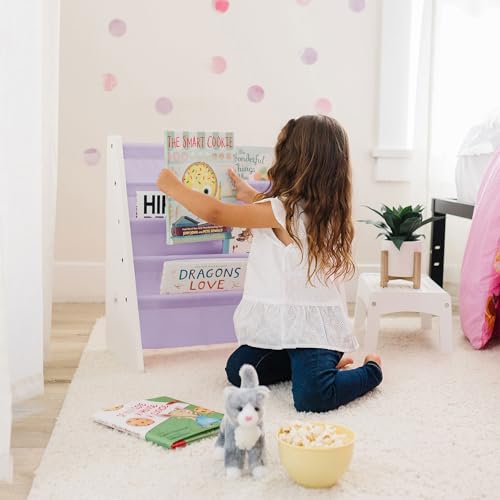 Wildkin Wooden Sling Bookshelf for Kids – Premium Canvas Design with 4 Fabric Shelves, Organizer for Home or Classroom - White w/Lilac by Wildkin - Used condition - Image 6
