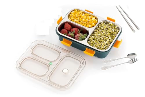 Image of Storescent Lunch Box with Compartment, Leak-Proof BPA Free Stainless Steel for School, Lunch Box for School & Office with a Fork, a Spoon and a Pair of Chopsticks (Green, 3 Compartment)
