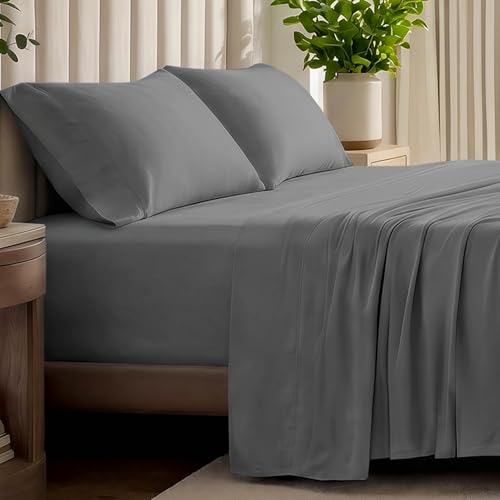Bare Home 100% Organic Cotton Jersey Sheet Set, Ultra Soft, 100% Cotton - Sheet Set & Pillowcases - Deep Pocket Bed Sheets (Queen, Grey)