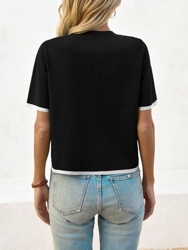 Image of Saodimallsu Women's Short Sleeve Color Block Crew Neck Sweater