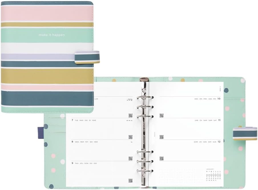 Filofax Good Vibes Organizer, A5 Size, Stripes - Smooth, Leather-Look, Six Rings, Week-to-View Calendar Diary, Multilingual, 2025 (C022687-25)