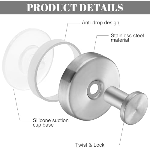 Image of Suction Cup Hooks, 4 Pack Silver Stainless Steel Suction Hooks for Shower