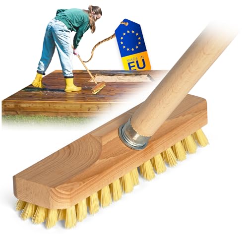 Schrubber und Holzstiel mit Borsten| Wischer mit Gewinde| Scheuerbürste PPN| Boden-Bürste| Ideal für Reinigung von Balkon Terrasse Garten Innen- Außenbereich wurzelbürste
