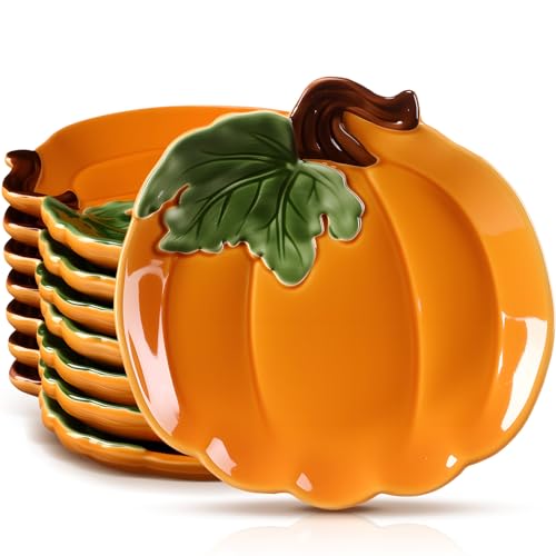 FillTouch 8 Pcs 5.91 Ceramic Pumpkin Plates Fall Candy Dishes Platters Harvest Serving Bowl for Halloween Autumn Party Supplies Dinnerware(Orange)