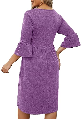 Image of Women's Plus Size 3 /4 Sleeve Casual Dress V Neck Spring Summer Tshirt Empire Waist Ruffle Midi Dresses