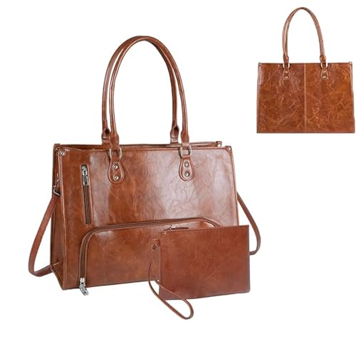 HoldOneLight 15.6 Inch Women’s Laptop Tote Bag - PU Leather Handbag with Insulated Lunch Pocket & Clutch for Office School Business