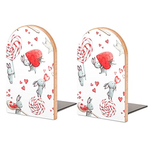 Easter Day Bunny Rabbit Strawberry Heart 2 PCS Wood Book Ends, Book Shelf Holder Non Slip Wooden Bookends Stand for Shelves Home Office Library Study Decor S