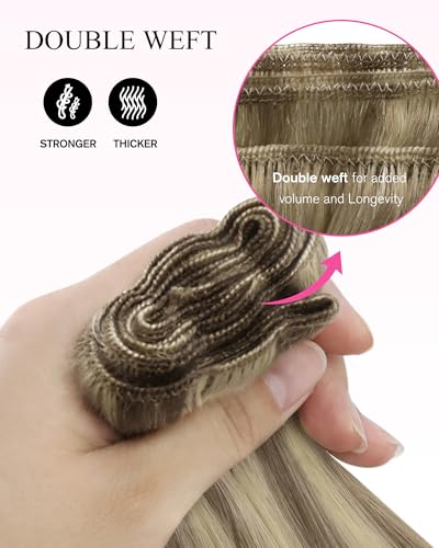 Image of YoungSee Human Hair Weft Extensions Highlight, 16 Inch 100g Straight Hair, Sew in Extensions Real Human Hair, Light Brown with Platinum Blonde Highlight, Double Weft Hair Extensions for All-day Wear