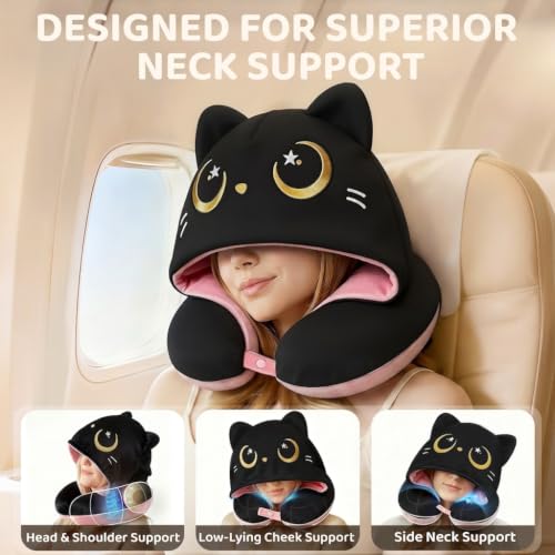 Image of Mewaii Travel Neck Pillow, Airplane Pillow with Hood, Memory Foam, Pink | Neck Support, Reversible, Adjustable Strap, Washable Cover, Cat-Ear Hood, Storage Bag, for Flights, Adults & Teens
