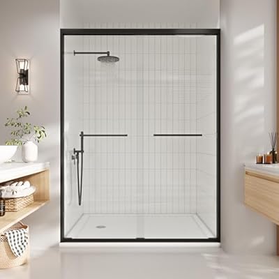 44-48 in. w x 72 in. h Semi-Frameless Double Sliding Shower Door, Clear Tempered Glass, Matte Black Frame for Walk-in Shower, Space-Saving Solution for Tight Bathrooms