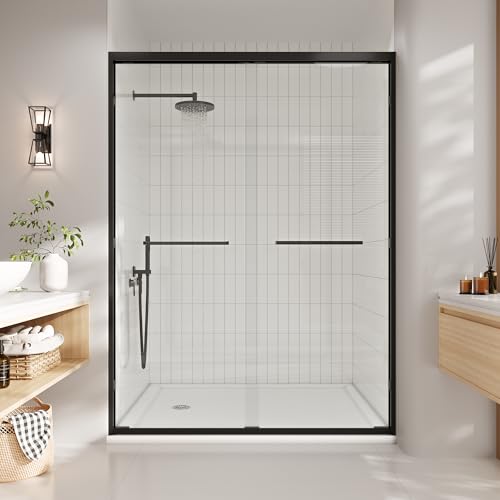 44-48 in. w x 72 in. h Semi-Frameless Double Sliding Shower Door, Clear Tempered Glass, Matte Black Frame for Walk-in Shower, Space-Saving Solution for Tight Bathrooms