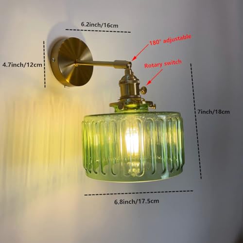 Image of Vintage Wall Sconces with Switch Glass Shade Modern Brass Wall Light Fixtures E27 Base Bedside Wall Mounted Lamp for Bedroom Bathroom Living Room Farmhouse Vanity (Green-2Pcs)