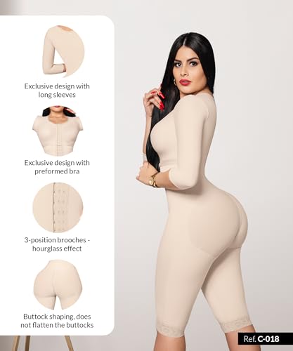 Forma Tu Cuerpo, Fajas Colombianas, Medium Compression, Bodysuit Knee with Bra, Sleeves, Center Clasps. (Ref. 018)3
