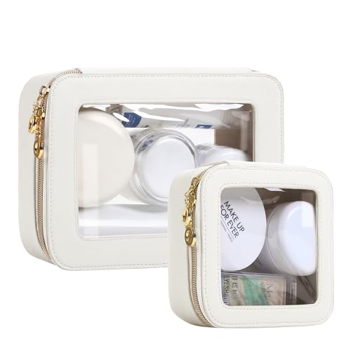Leather Clear Makeup Bags Set - Travel Clear Cosmetic Bag Case with Zipper, Transparent TSA Approved Toiletry Bags for Travel Essentials Car Accessories for Women (White, S+M)