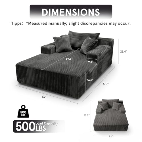 Image of Sytopia Chaise Lounge with Armrests, Oversized Sofa Bed with 3 Pillows, Cozy Couch, Sleeper Reading Chair for Living Room Bedroom, Floor Sofa Corduroy, Furniture Sala, Volcanic Ash