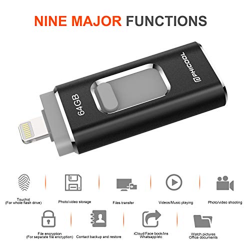 Chiavetta USB Flash Drive per iOS e Andriod,PHICOOL USB 3.0 Pendrive Chiavetta Memoria Dispositivi con Apple iPhone/Micro USB/USB C/Tipo c Android - 64GB Nero