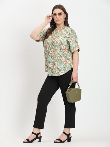 Image of SINDOORI Relaxed Fit Tops for Women Plus Size Solid Printed Mandarin Collar, Band Collar, V-Neck Top, Half Sleeve Loose Fit