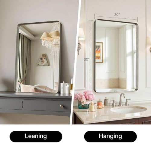 Image of Kosmonia 30 inchx20 inch Bathroom Mirror, Large Brushed Nickel Vanity Mirror | Rounded Rectangle, Anti-Rust Wall Mounted, Aluminum Frame, Tempered Glass, Hangs Horizontally or Vertically