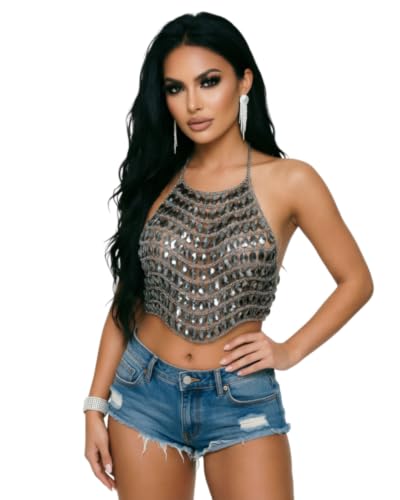 Image of AIBEARTY Women's Sexy Multi-Layer Metal Chain Crop Tops Hollow Out Halter Backless Tassel Camisoles for Rave Party Club