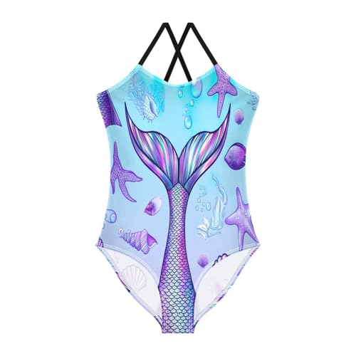 Mermaid Tail Purple Girls 1 Piece Swimsuit, Beach Swimsuit 3-10 Y with Adjustable Shoulder Strap, 3-10 Y