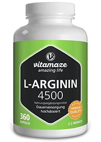 Vitamaze® L-Arginina 4500 mg Altamente Concentrada, 360 Cápsulas, Adecuado para las Personas Alérgicas, Pura Natural L-Arginine HCL sin Aditivos Innecesarios, Calidad Alemana