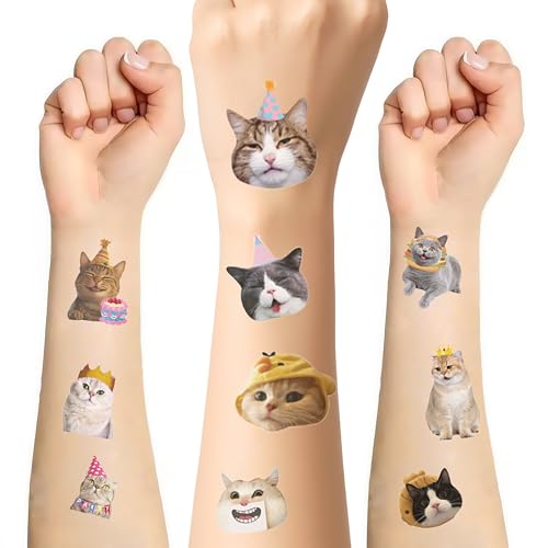 Shimmerz 60 Piezas Tatuajes para Niños, Divertidos Tatuajes Temporales de Gatos Amigables con la Piel, Artículos para Fiestas de Cumpleaños, Regalos y Decoraciones Temáticas de Gatos