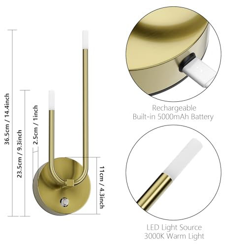 Image of Aipsun Gold Battery Operated Wall Sconce Set of 2, Modern LED Rechargeable Wall Sconce Stepless Dimming Wireless Wall Lights for Bedroom,Living Room,Hallway Warm Light 3000K