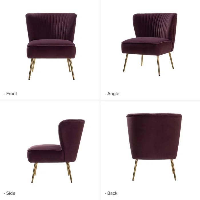 Image of Modern Upholstered Accent Velvet Chair Single Seater Channel Tufted Wing Back Chair with Golden Matel Legs for Living Room, Bedroom, Dining Room, Purple