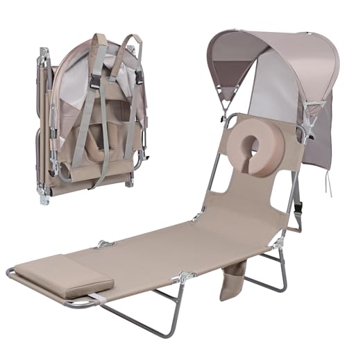 Backpack Beach Tanning Lounge Chair with Canopy Shade Face Hole Padded Adjustable Washable, 6 Position Layout Chair for Outside Sunbathing Poolside Lawn, UPF 50+ Wind-Resistant Sun Shade, Patented