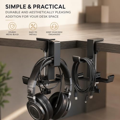 JAKO Headphone Stand for Desk, 3 Hooks Aluminum Alloy Headphone Holder (1 Foldable+2 Fixed) Space Saving Headset Stand Hook, Universal Fit PC Gaming Headsets Holder Desk Clamp for Office/Game Table - 4