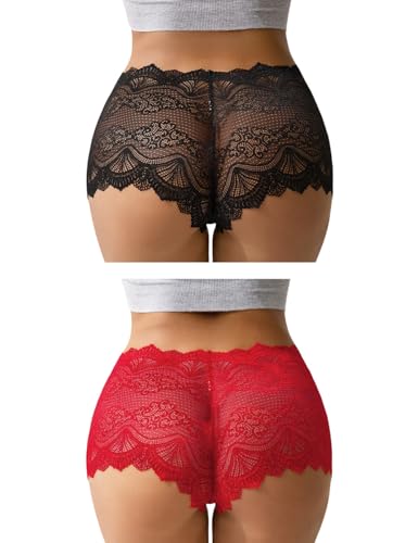 Culottes Françaises Femmes Plus Taille Dentelle String Coton Entrejambe sous-vêtements Brésiliens Hipster Culotte Sexy Dames Slips Bikini Strings Effrontés Noir Rouge 2 Pièces M