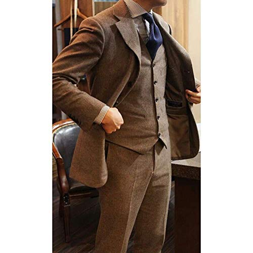 Retro Men's Suits Brown Tweed Herringbone Groom Slim Fit Formal Khaki Blazer Vintage Wedding 3 Pieces Tuxedos2